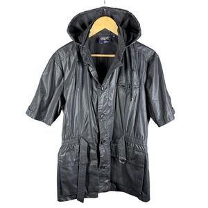 Vintage Esprit Jacket Womens Large Black Hooded Short Sleeve Parka Belted 90s